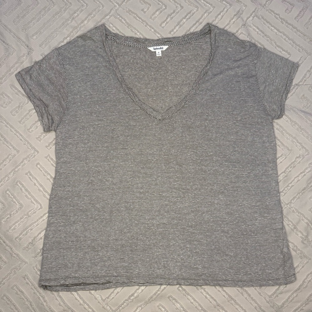 Splendid Gray & White Striped Boxy V-Neck | M